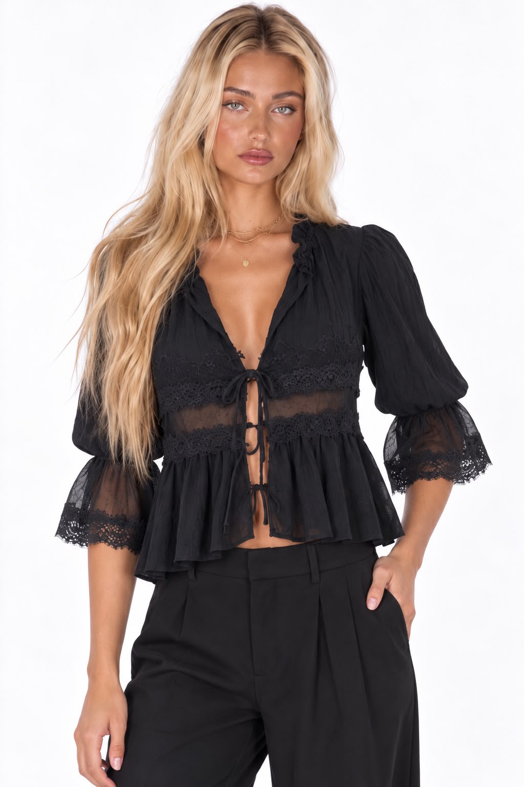 Lace V-Neck Lantern Sleeve Cardigan Shirt
