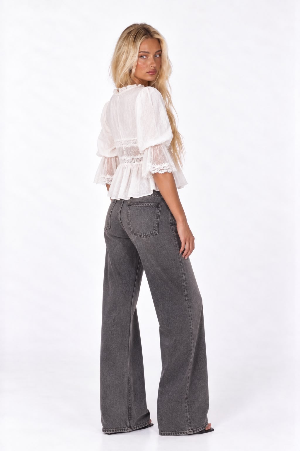 Lace V-Neck Lantern Sleeve Cardigan Shirt