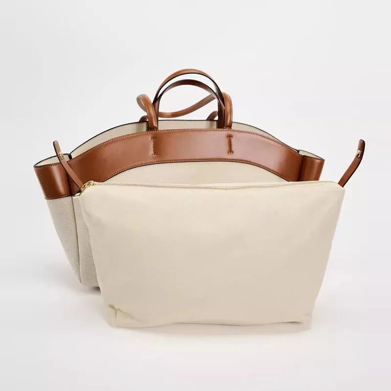 Women's Handbag with Bamboo Handle and Toiletry Bag
