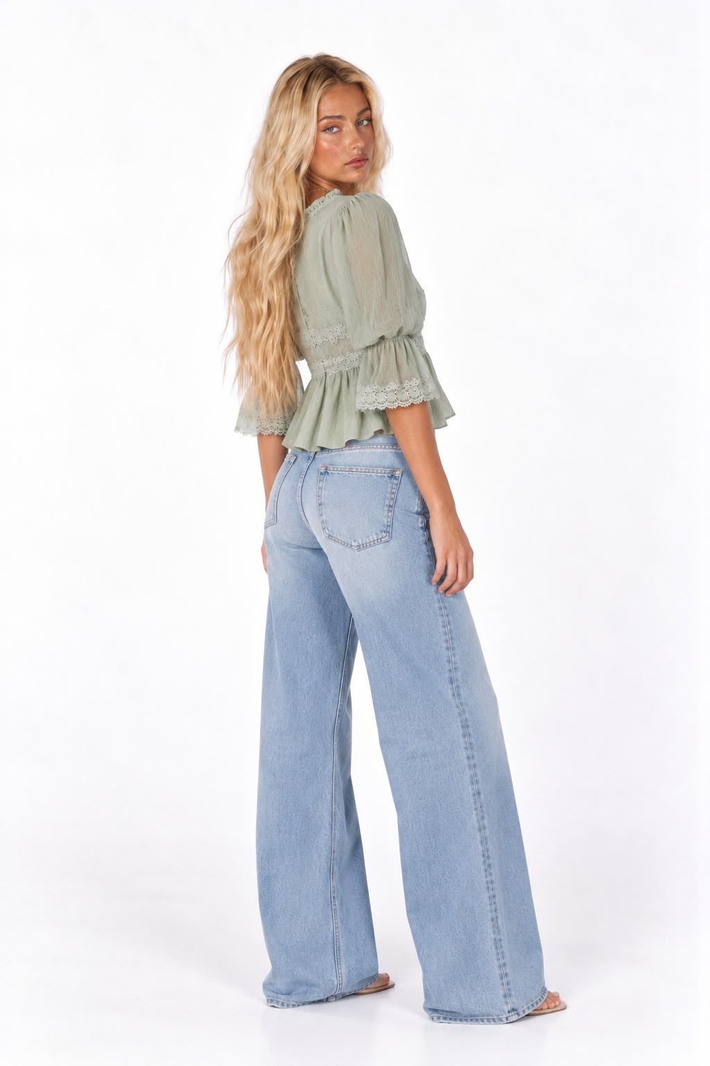 Lace V-Neck Lantern Sleeve Cardigan Shirt