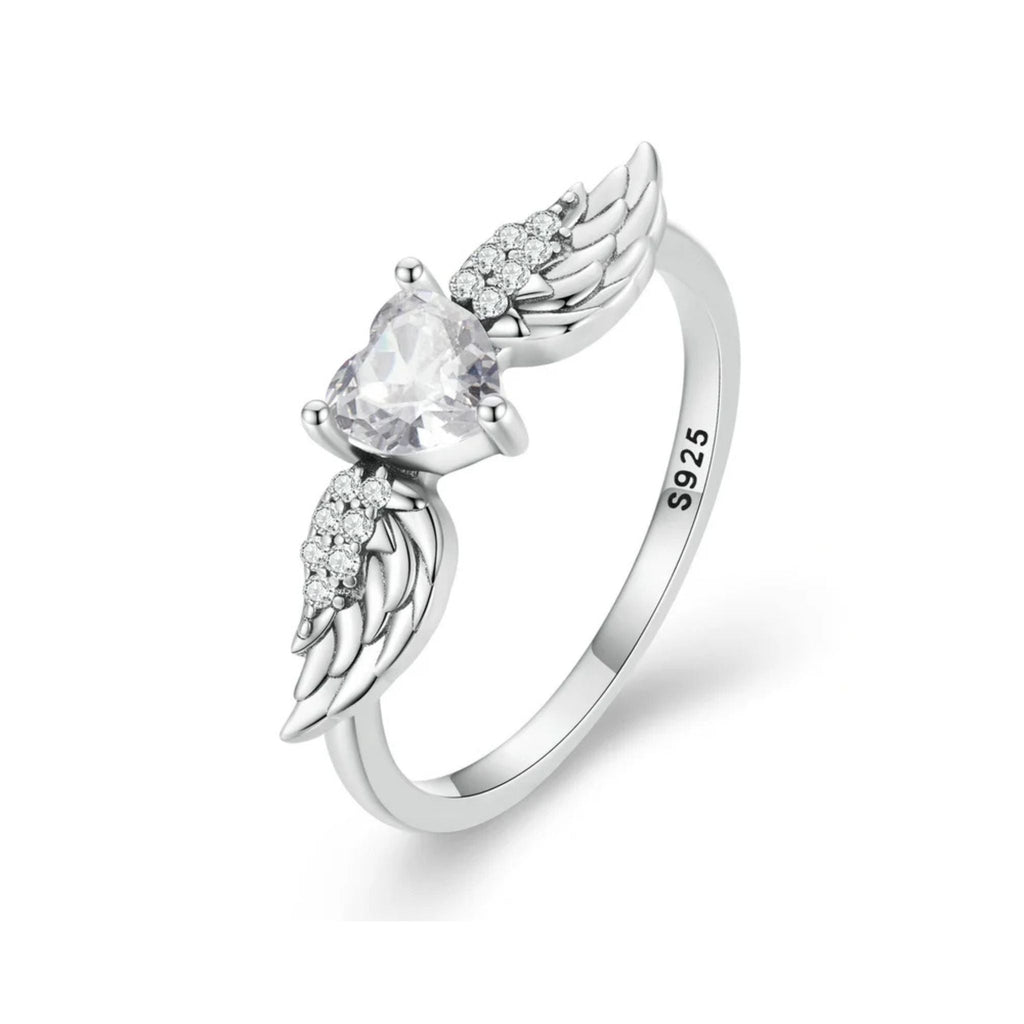 Women's 925 Sterling Silver Angel Wings with Heart Ring