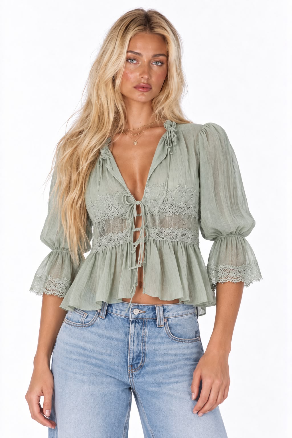 Lace V-Neck Lantern Sleeve Cardigan Shirt
