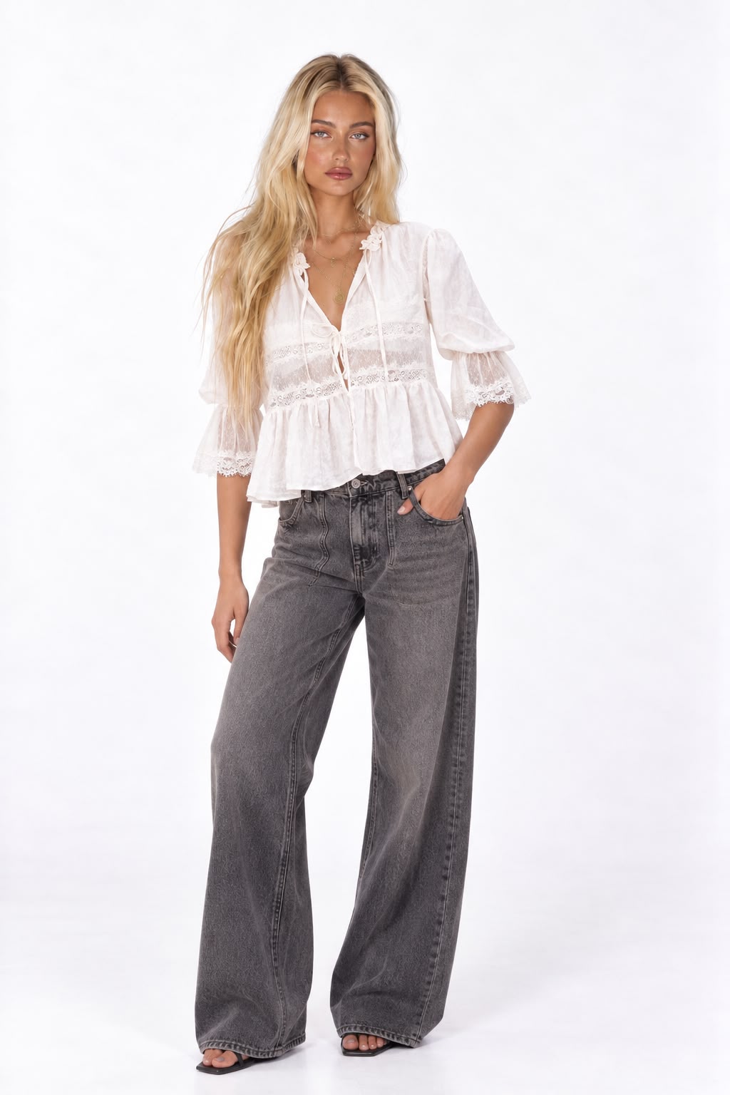 Lace V-Neck Lantern Sleeve Cardigan Shirt