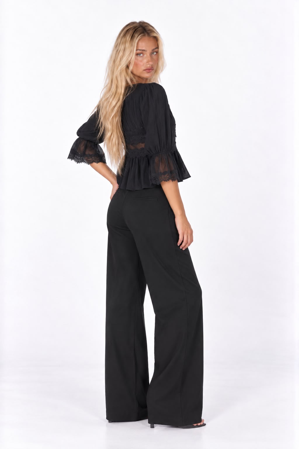 Lace V-Neck Lantern Sleeve Cardigan Shirt