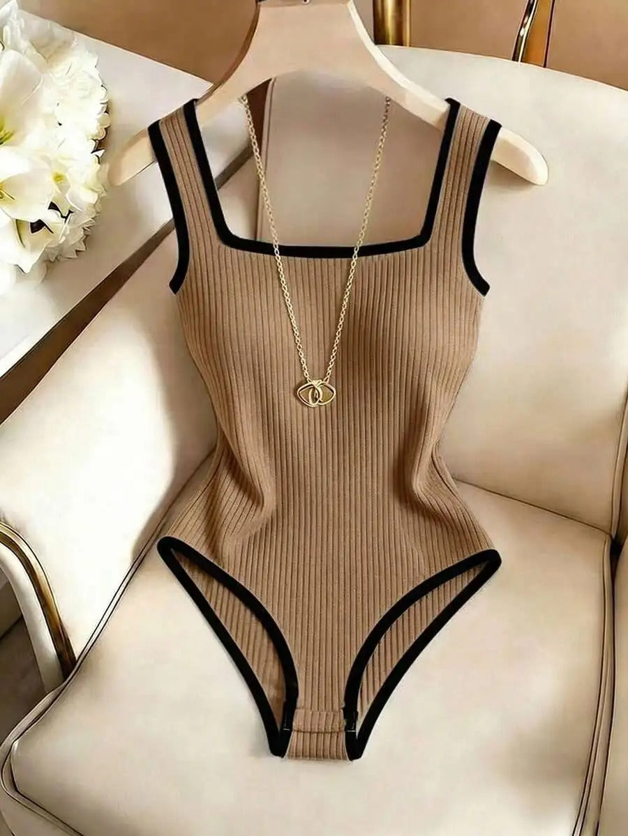 Black Ribbed Square-Neck Bodysuit